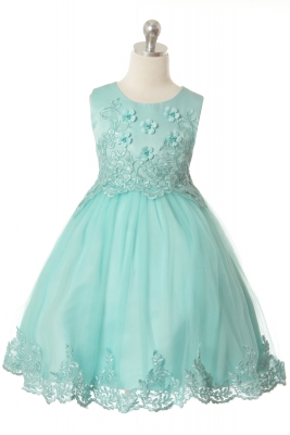 Girls Dress Style 1046 - Elegant Sleeveless Dress with Floral Applique Details in Aqua